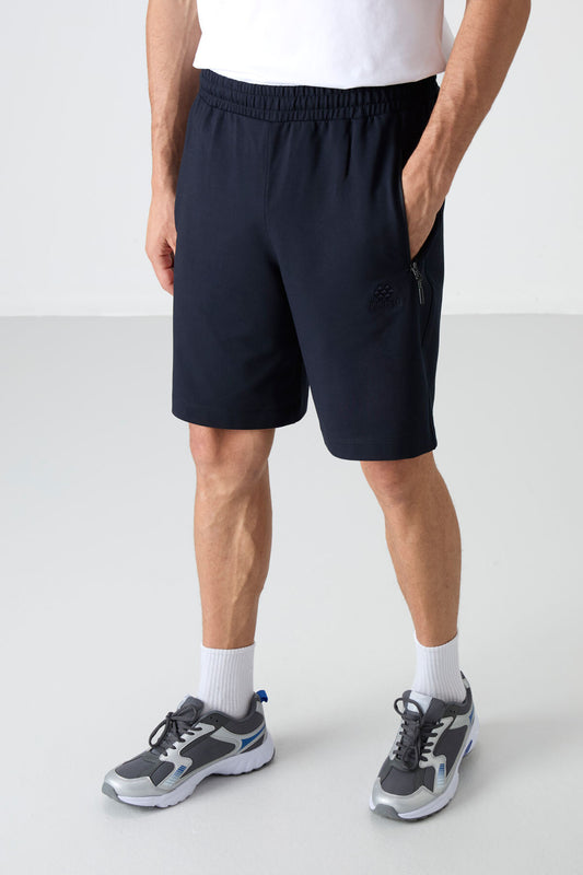 Navy Blue Hidden Zipper Back Pocket Laced Standard Fit Men's Shorts - 81136