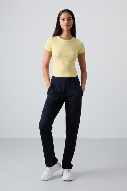 Navy Blue Hidden Zipper Pocket Comfortable Fit Classic Hem Women's Tracksuit Bottom - 94148