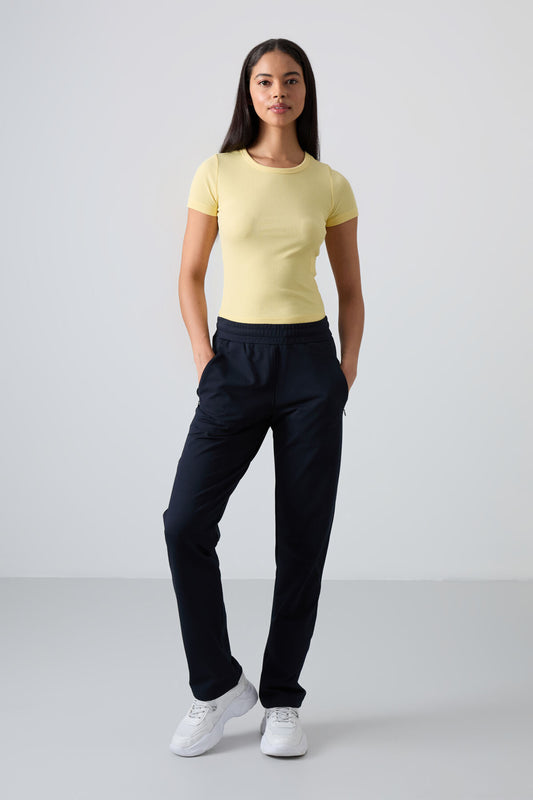 Navy Blue Hidden Zipper Pocket Comfortable Fit Classic Hem Women's Tracksuit Bottom - 94148