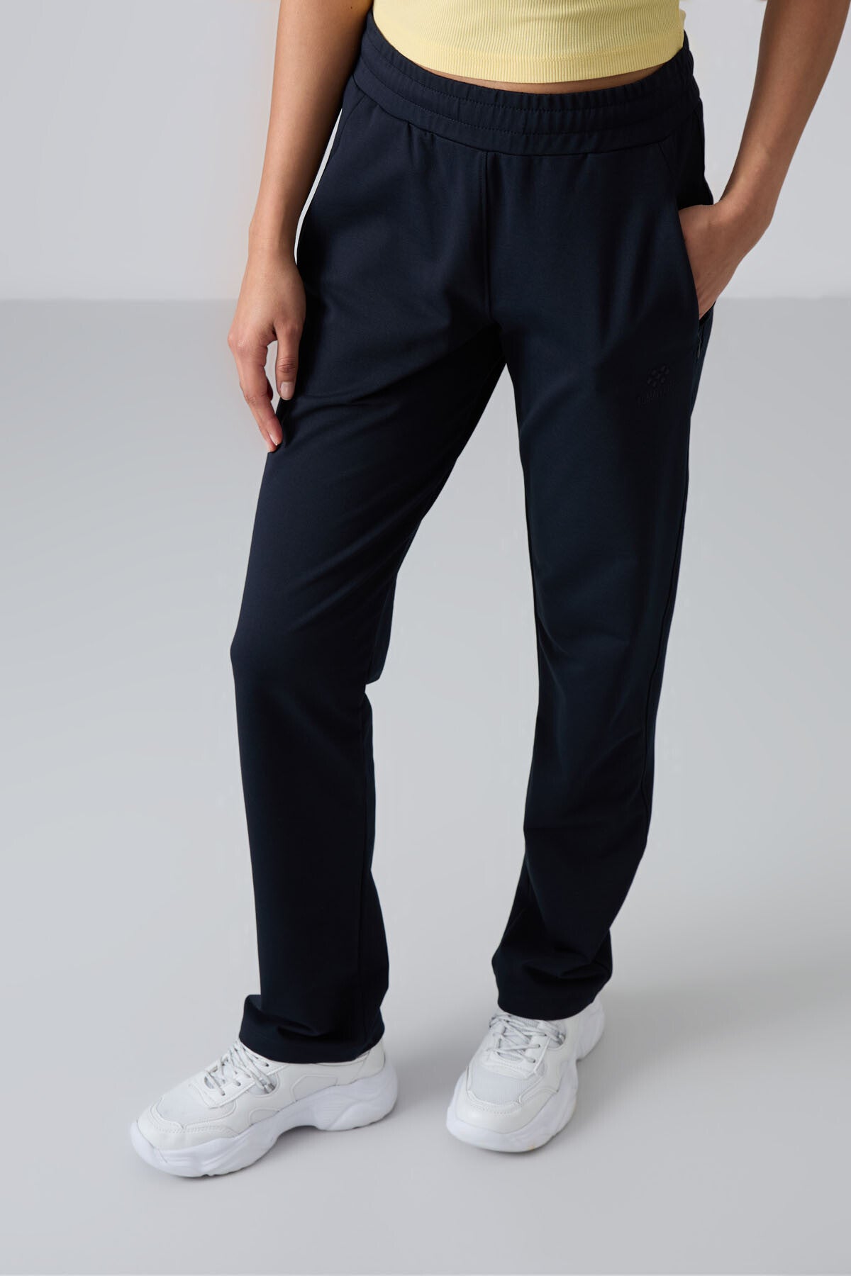 Navy Blue Hidden Zipper Pocket Comfortable Fit Classic Hem Women's Tracksuit Bottom - 94148