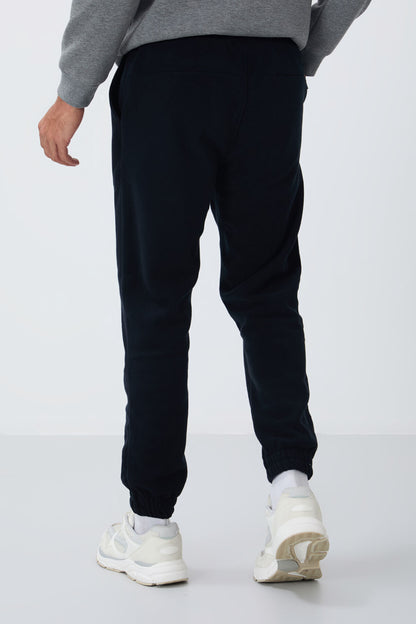 Navy Blue Hidden Zipper Comfort Fit Elastic Cuff Fleece Men's Tracksuit Bottom - 84866