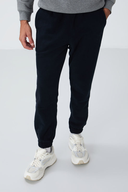 Navy Blue Hidden Zipper Comfort Fit Elastic Cuff Fleece Men's Tracksuit Bottom - 84866