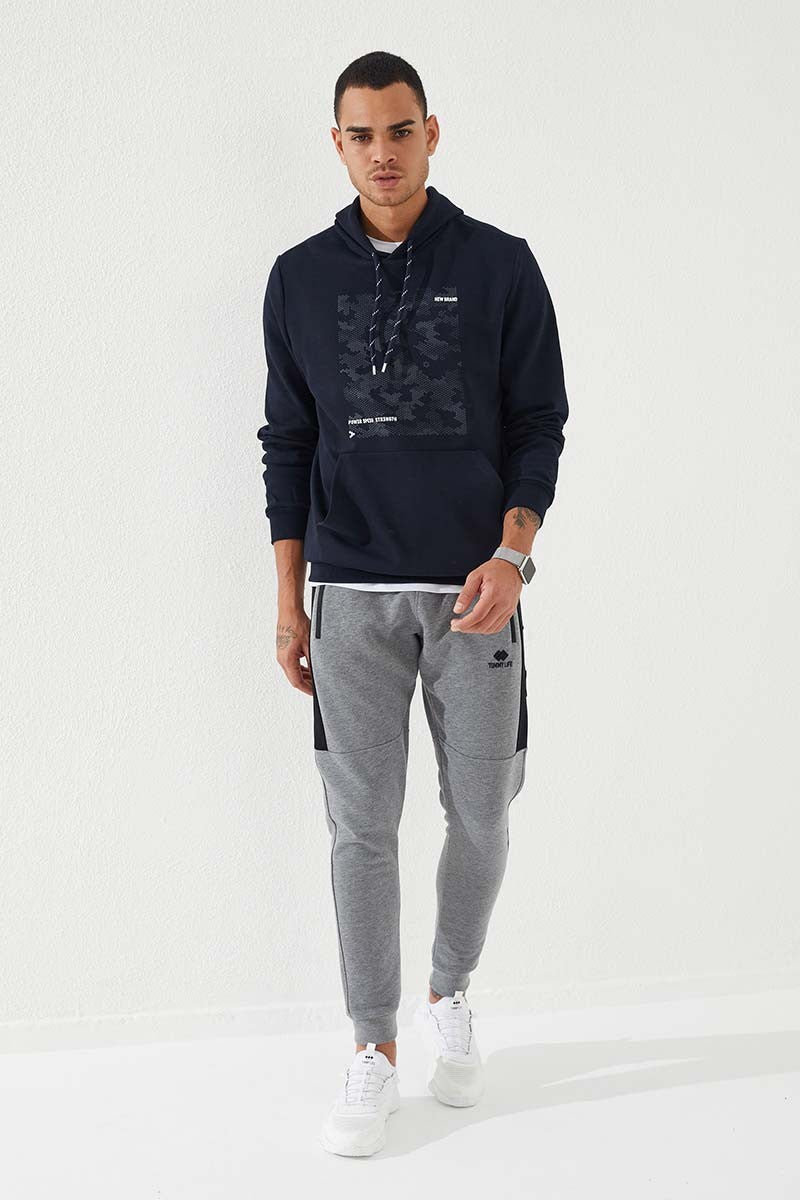 Navy Blue Camouflage Print Standard Fit Men's Hooded Sweatshirt - 87884