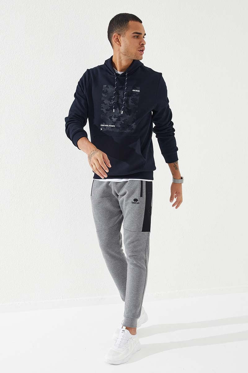 Navy Blue Camouflage Print Standard Fit Men's Hooded Sweatshirt - 87884