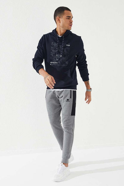Navy Blue Camouflage Print Standard Fit Men's Hooded Sweatshirt - 87884