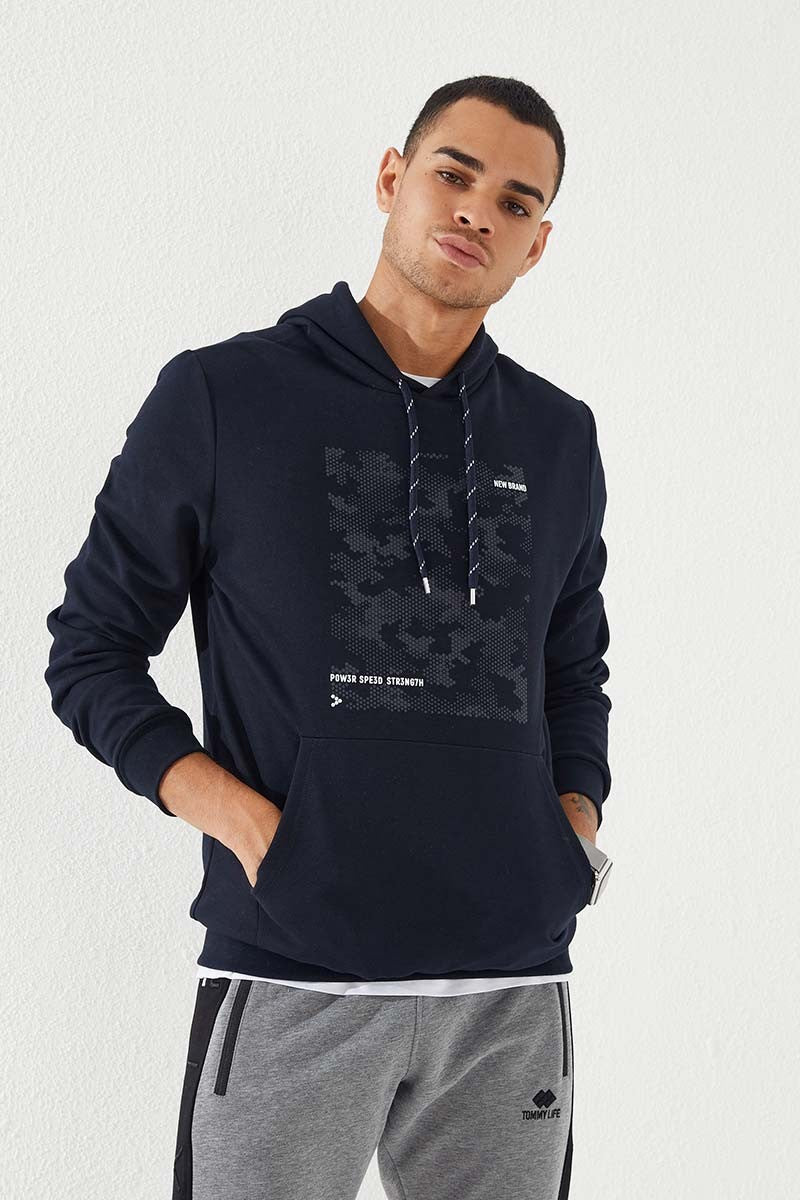 Navy Blue Camouflage Print Standard Fit Men's Hooded Sweatshirt - 87884
