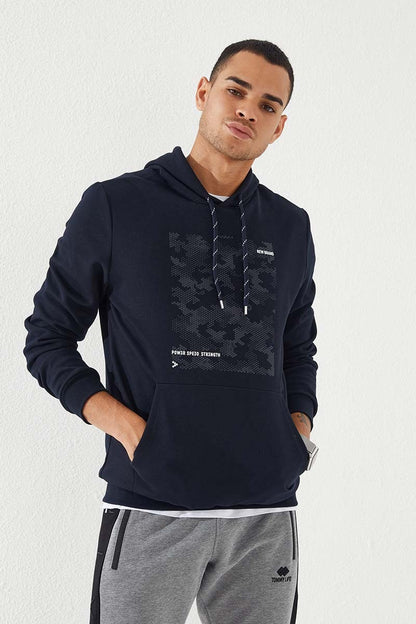 Navy Blue Camouflage Print Standard Fit Men's Hooded Sweatshirt - 87884