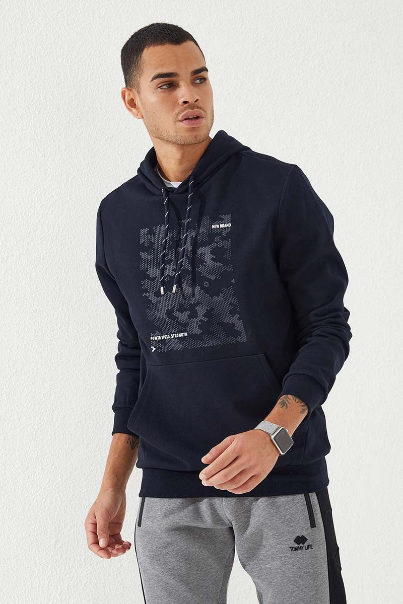 Navy Blue Camouflage Print Standard Fit Men's Hooded Sweatshirt - 87884