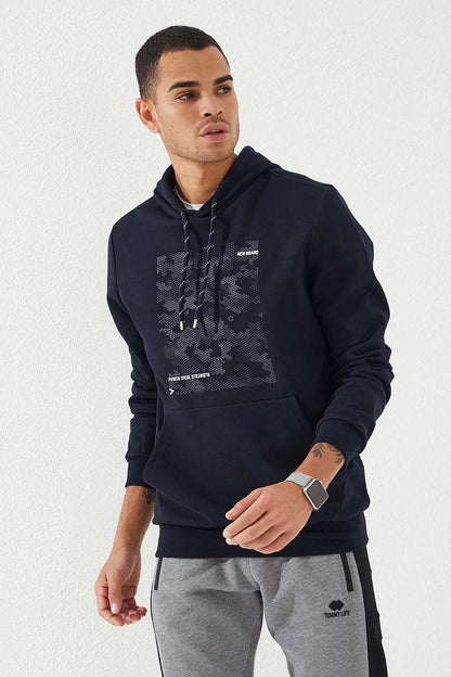 Navy Blue Camouflage Print Standard Fit Men's Hooded Sweatshirt - 87884