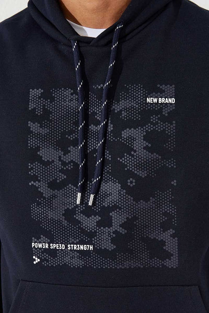 Navy Blue Camouflage Print Standard Fit Men's Hooded Sweatshirt - 87884