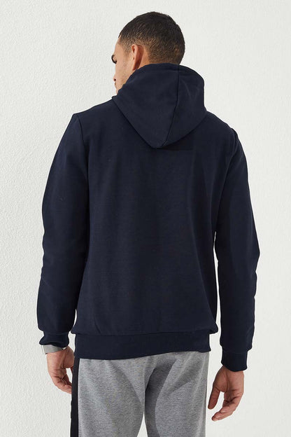 Navy Blue Camouflage Print Standard Fit Men's Hooded Sweatshirt - 87884