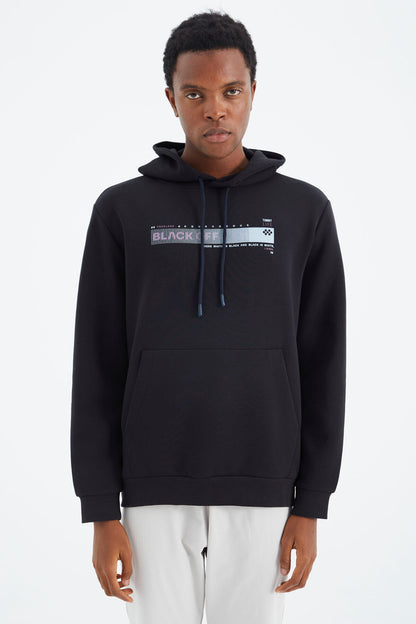 Navy Blue Hooded Laced Print Detailed Relax Fit Men's Sweatshirt - 88287