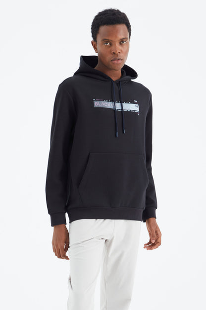 Navy Blue Hooded Laced Print Detailed Relax Fit Men's Sweatshirt - 88287