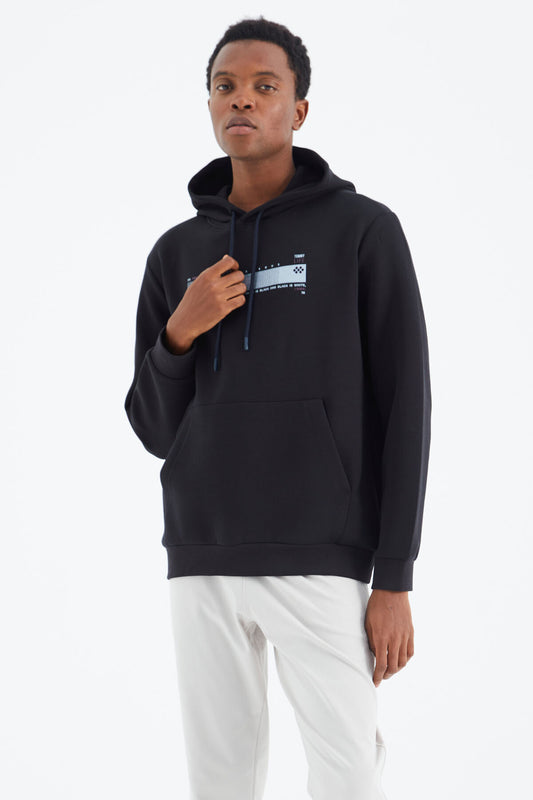 Navy Blue Hooded Laced Print Detailed Relax Fit Men's Sweatshirt - 88287