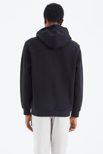 Navy Blue Hooded Laced Print Detailed Relax Fit Men's Sweatshirt - 88287