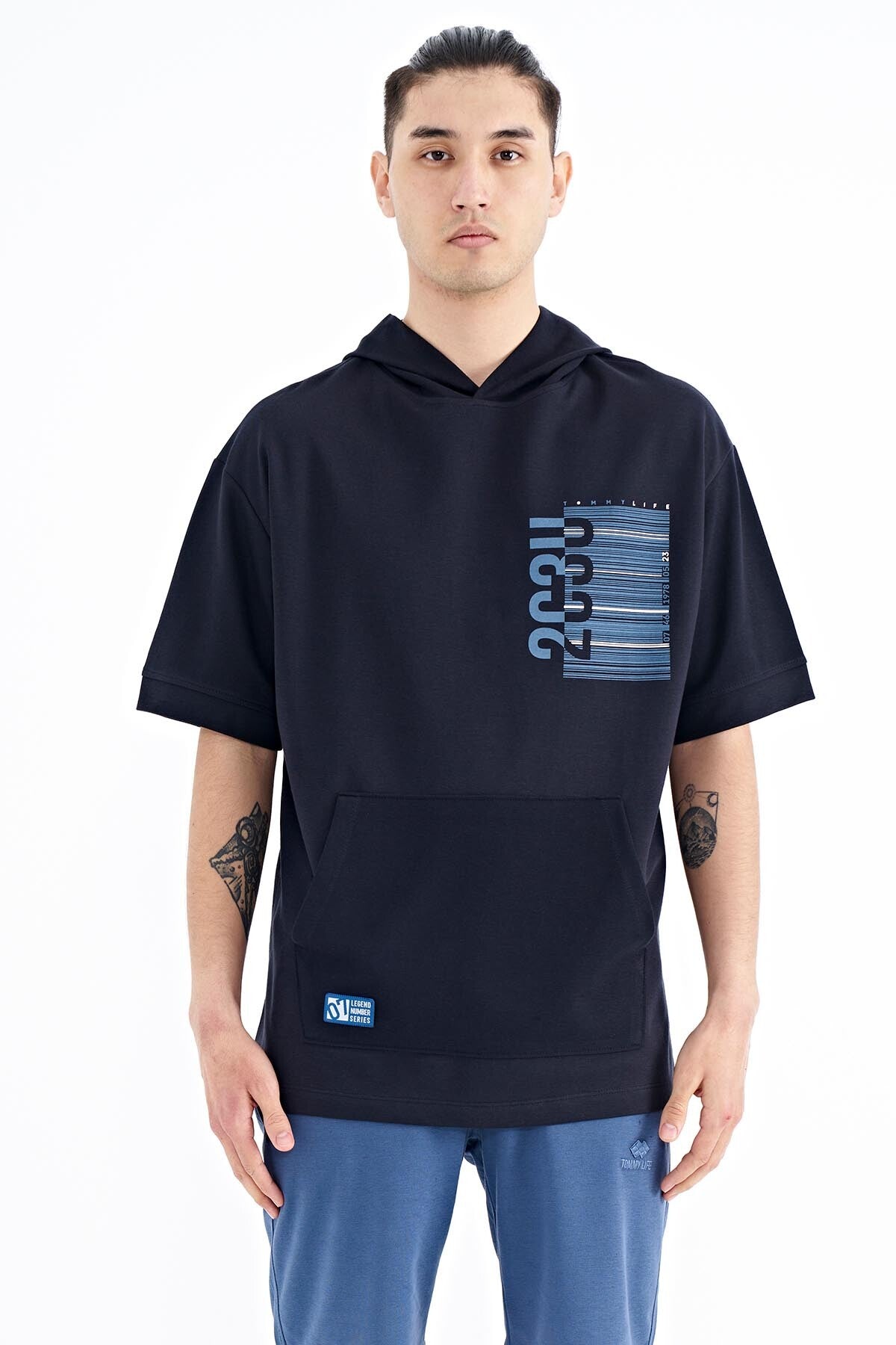 Navy Blue Hooded Print Kangaroo Pocket Oversize Men's T-shirt - 88196