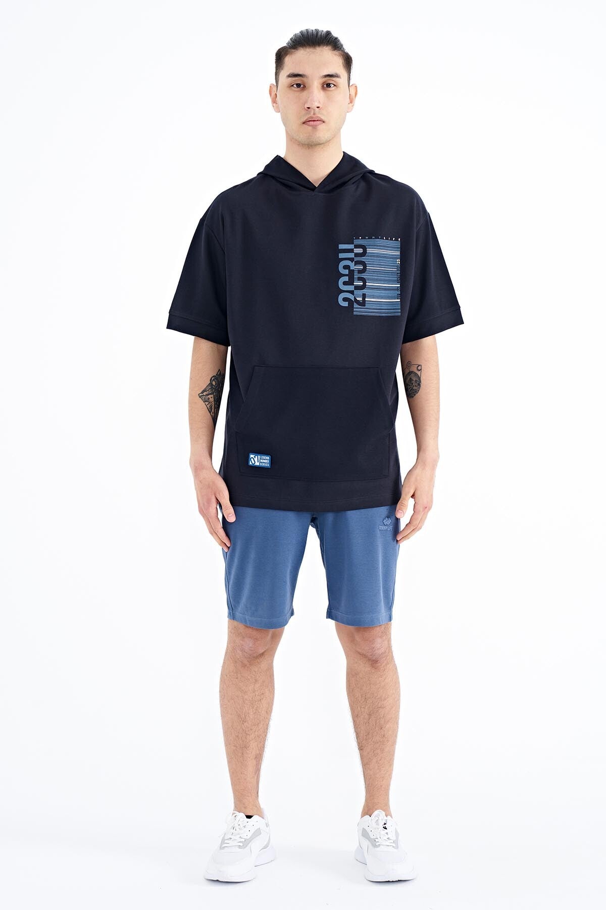 Navy Blue Hooded Print Kangaroo Pocket Oversize Men's T-shirt - 88196