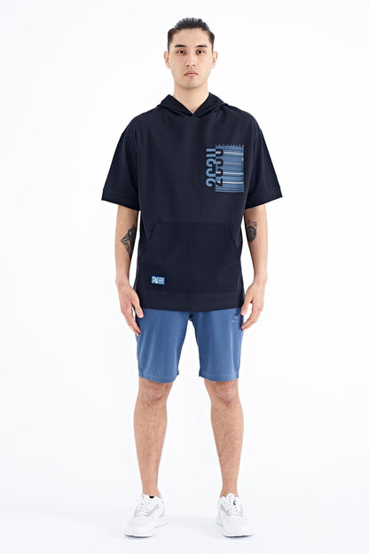 Navy Blue Hooded Print Kangaroo Pocket Oversize Men's T-shirt - 88196