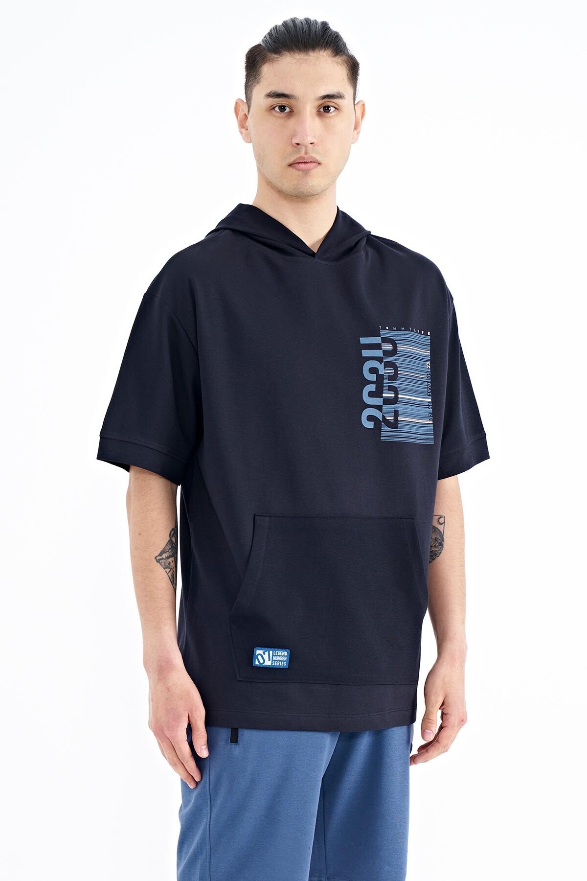 Navy Blue Hooded Print Kangaroo Pocket Oversize Men's T-shirt - 88196