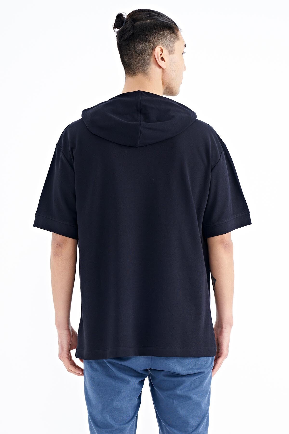 Navy Blue Hooded Print Kangaroo Pocket Oversize Men's T-shirt - 88196