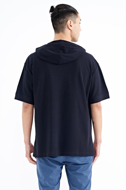 Navy Blue Hooded Print Kangaroo Pocket Oversize Men's T-shirt - 88196