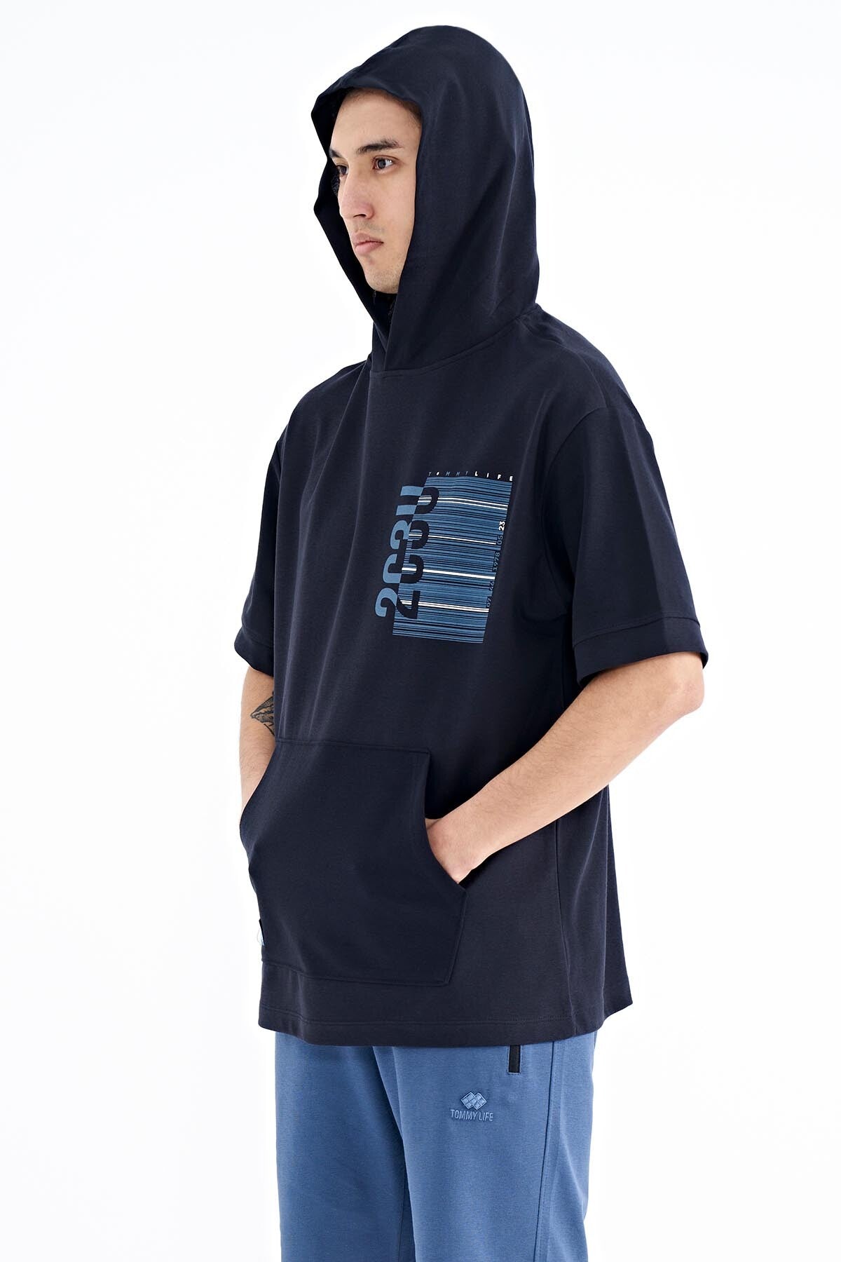 Navy Blue Hooded Print Kangaroo Pocket Oversize Men's T-shirt - 88196