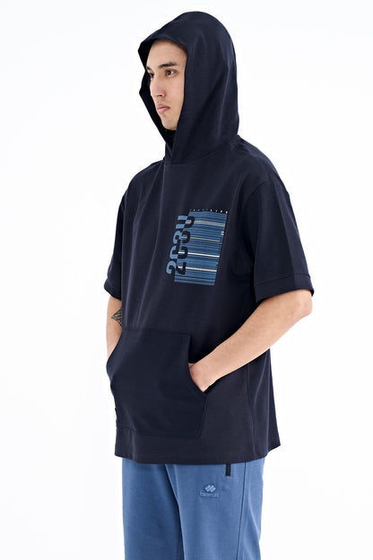 Navy Blue Hooded Print Kangaroo Pocket Oversize Men's T-shirt - 88196