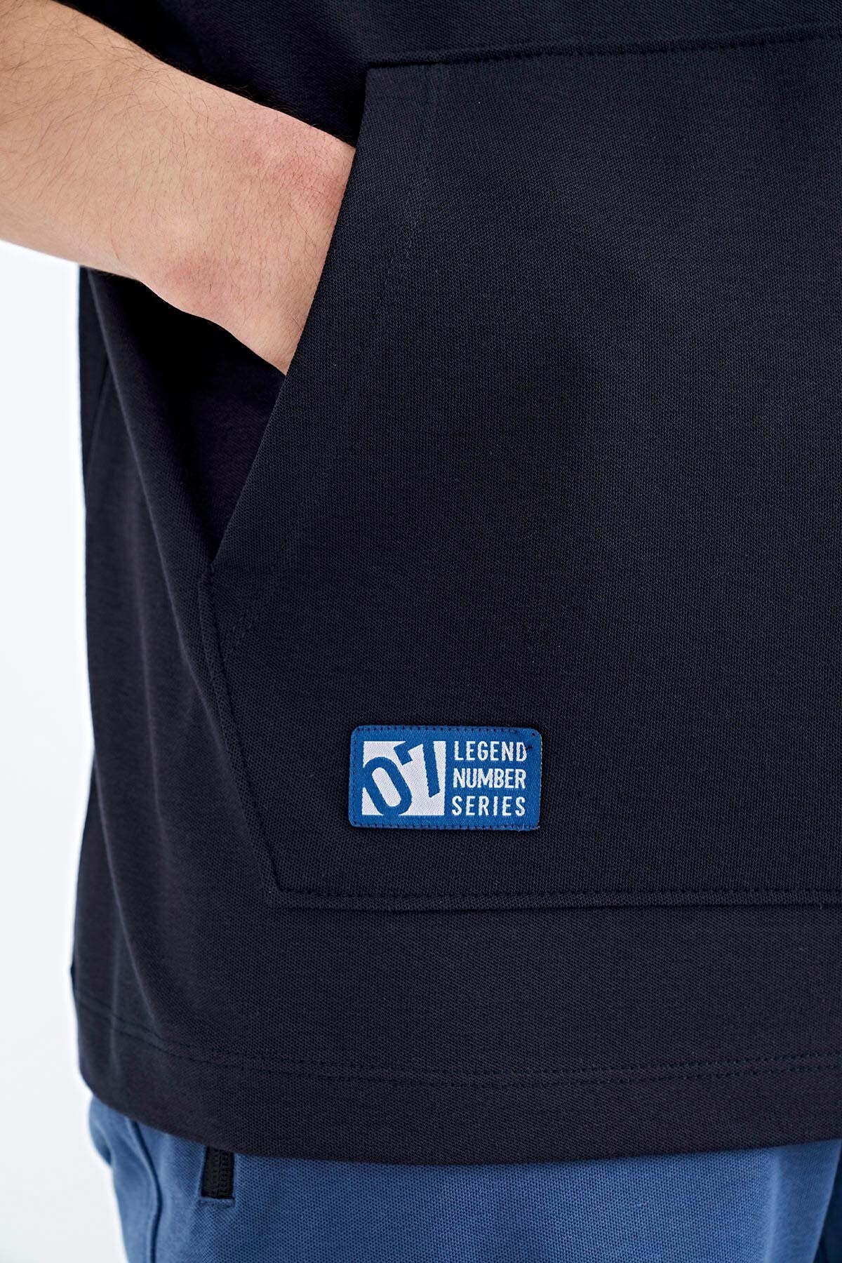 Navy Blue Hooded Print Kangaroo Pocket Oversize Men's T-shirt - 88196