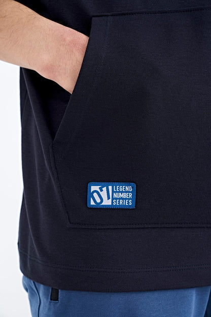 Navy Blue Hooded Print Kangaroo Pocket Oversize Men's T-shirt - 88196