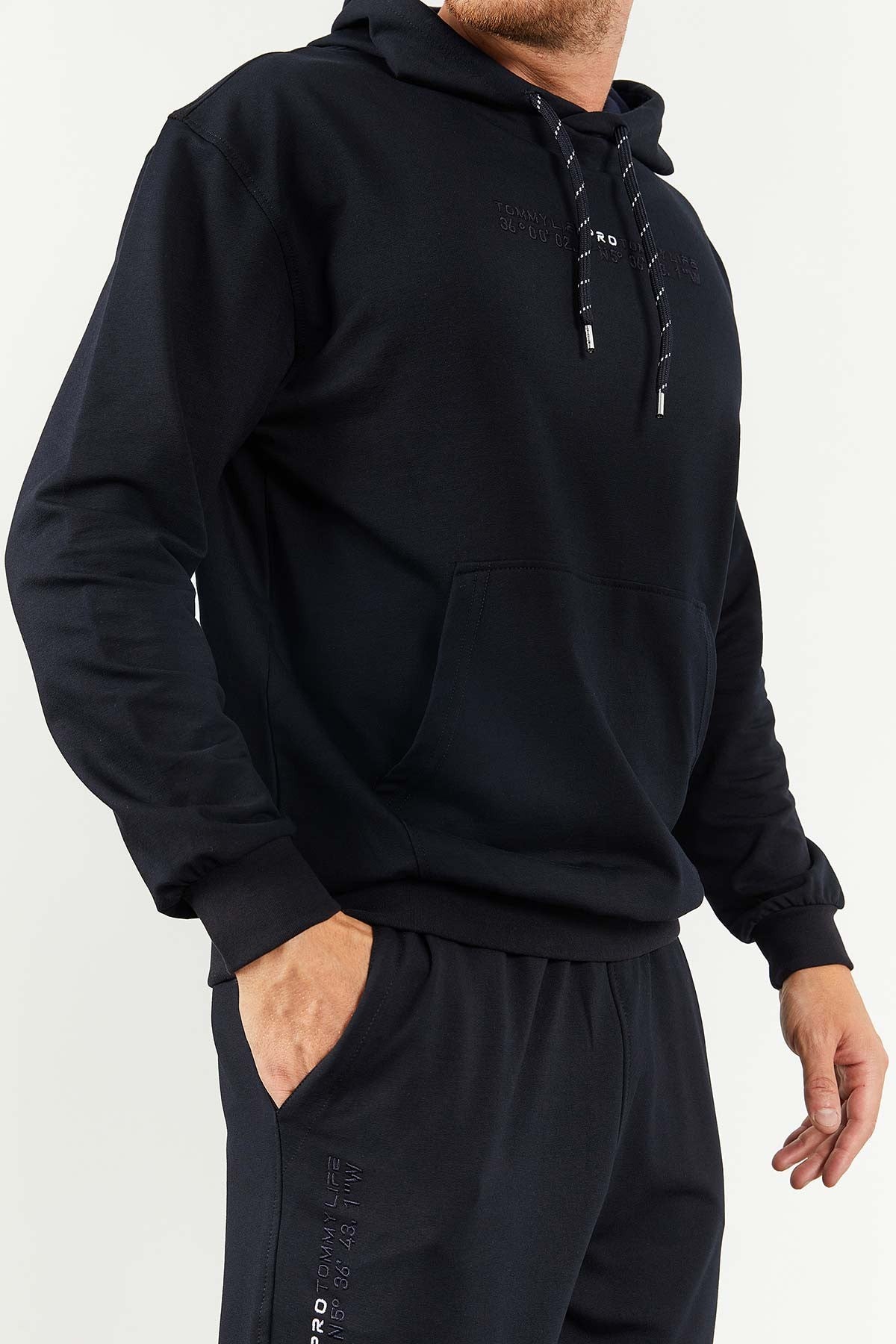 Navy Blue Hooded Kangaroo Pocket Elastic Cuffed Men's Oversize Tracksuit Set - 85117