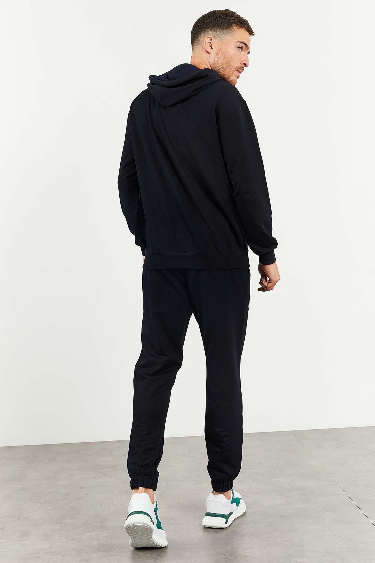 Navy Blue Hooded Kangaroo Pocket Elastic Cuffed Men's Oversize Tracksuit Set - 85117