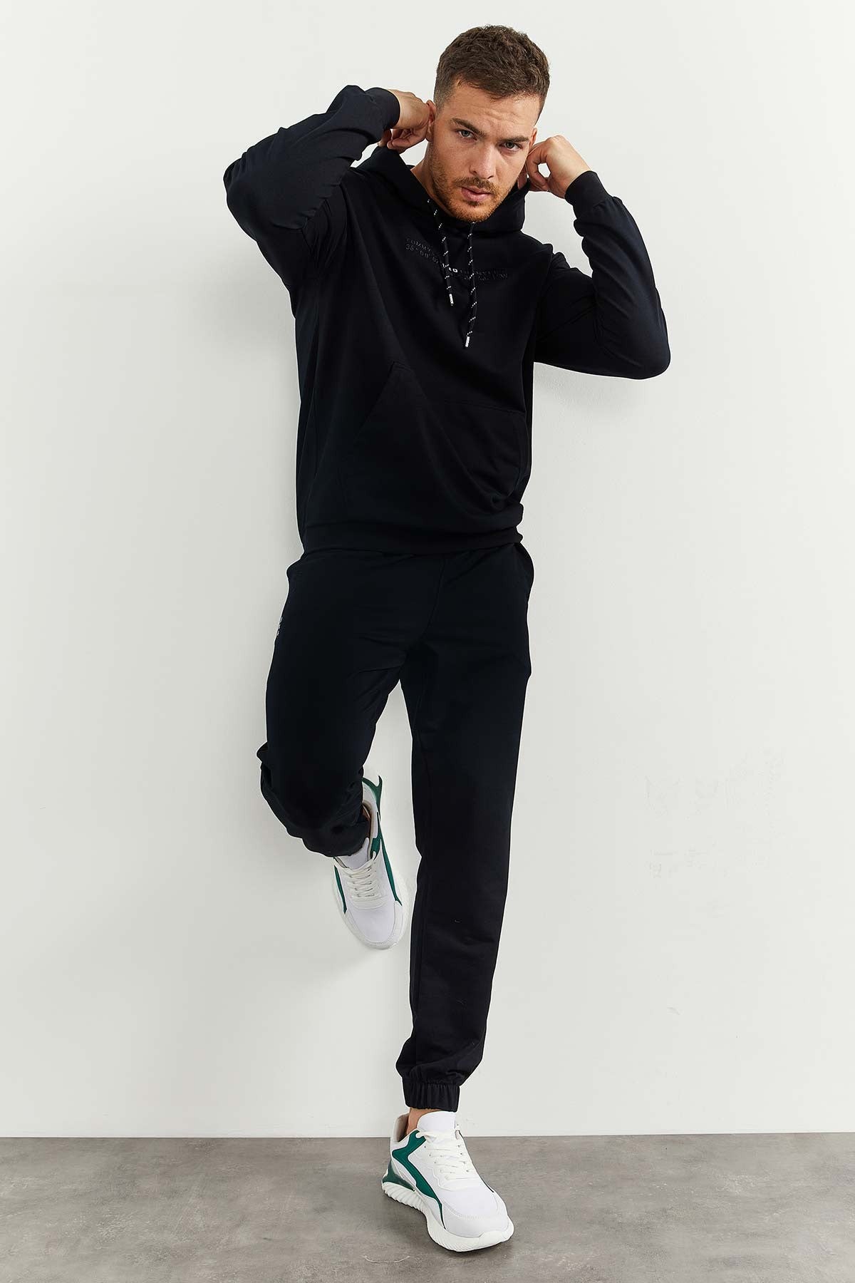 Navy Blue Hooded Kangaroo Pocket Elastic Cuffed Men's Oversize Tracksuit Set - 85117