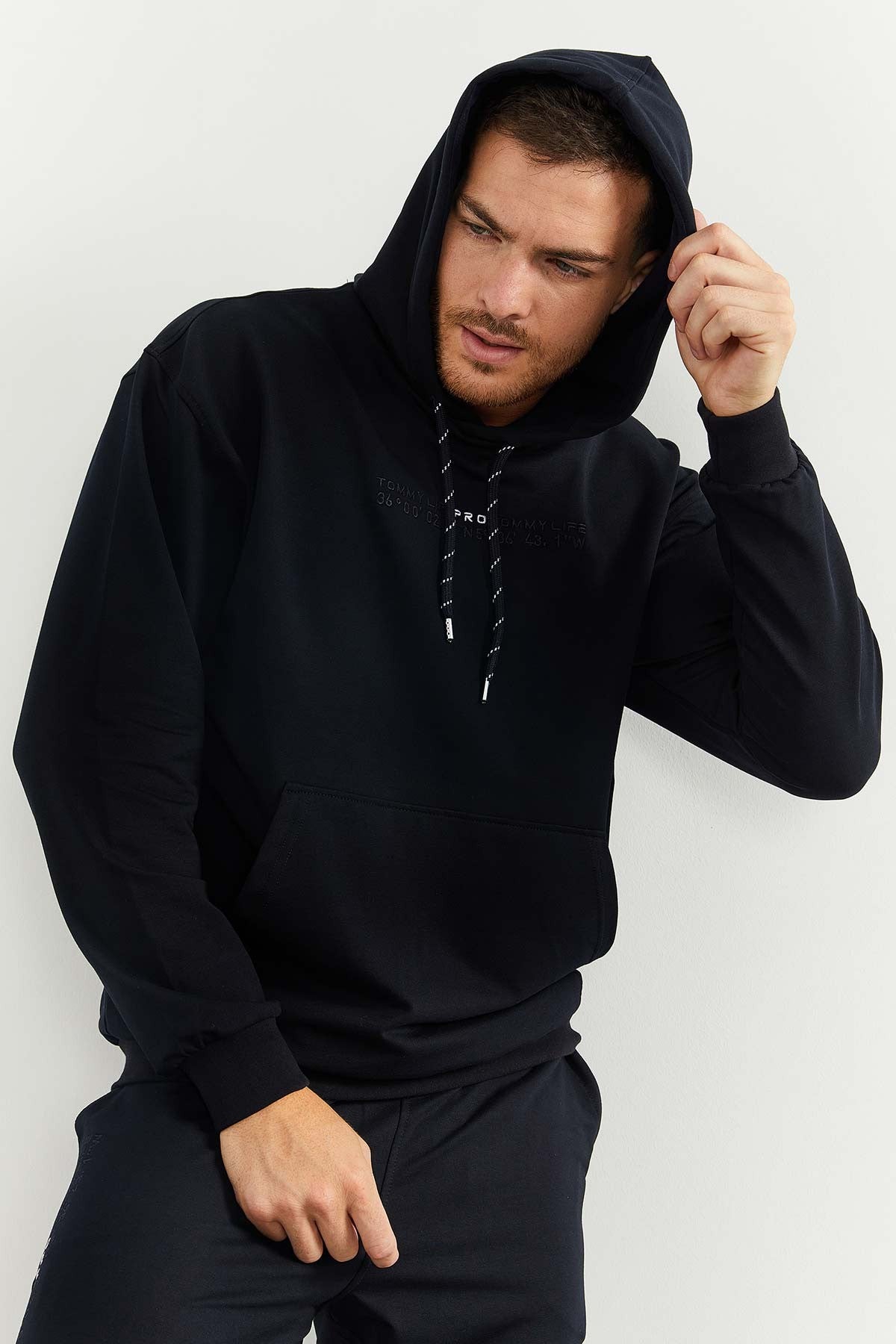 Navy Blue Hooded Kangaroo Pocket Elastic Cuffed Men's Oversize Tracksuit Set - 85117