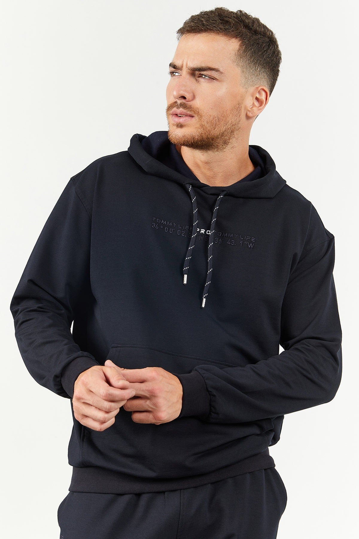 Navy Blue Hooded Kangaroo Pocket Elastic Cuffed Men's Oversize Tracksuit Set - 85117