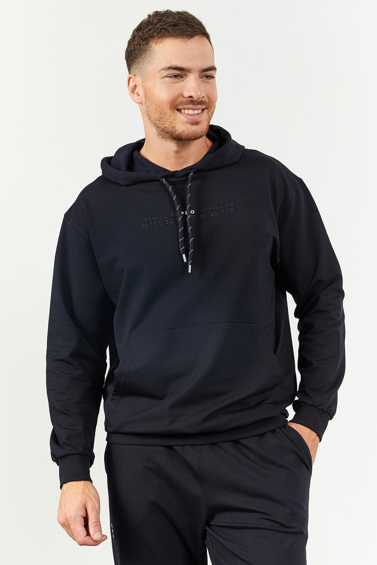 Navy Blue Hooded Kangaroo Pocket Elastic Cuffed Men's Oversize Tracksuit Set - 85117