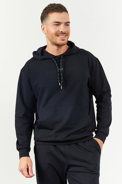 Navy Blue Hooded Kangaroo Pocket Elastic Cuffed Men's Oversize Tracksuit Set - 85117