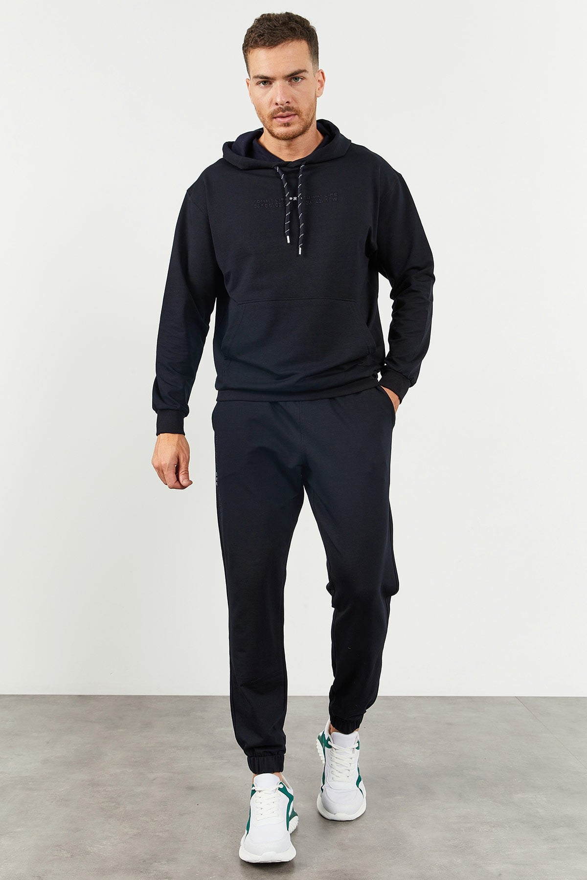Navy Blue Hooded Kangaroo Pocket Elastic Cuffed Men's Oversize Tracksuit Set - 85117
