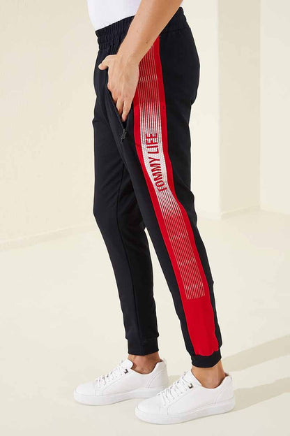 Navy - Red Zippered Pocket Printed Standard Fit Jogger Men's Tracksuit Bottom - 84657