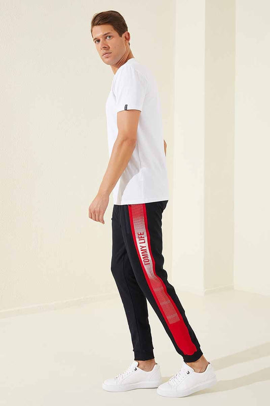 Navy - Red Zippered Pocket Printed Standard Fit Jogger Men's Tracksuit Bottom - 84657