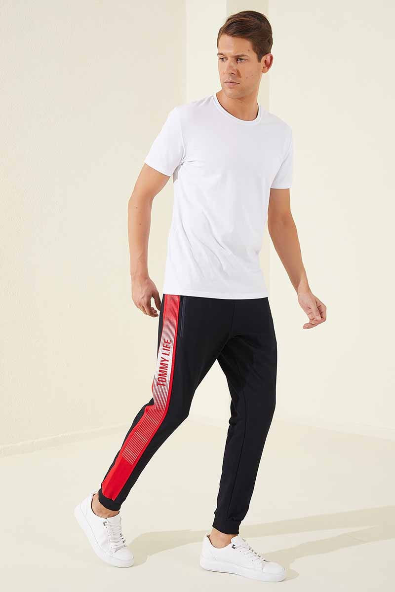 Navy - Red Zippered Pocket Printed Standard Fit Jogger Men's Tracksuit Bottom - 84657