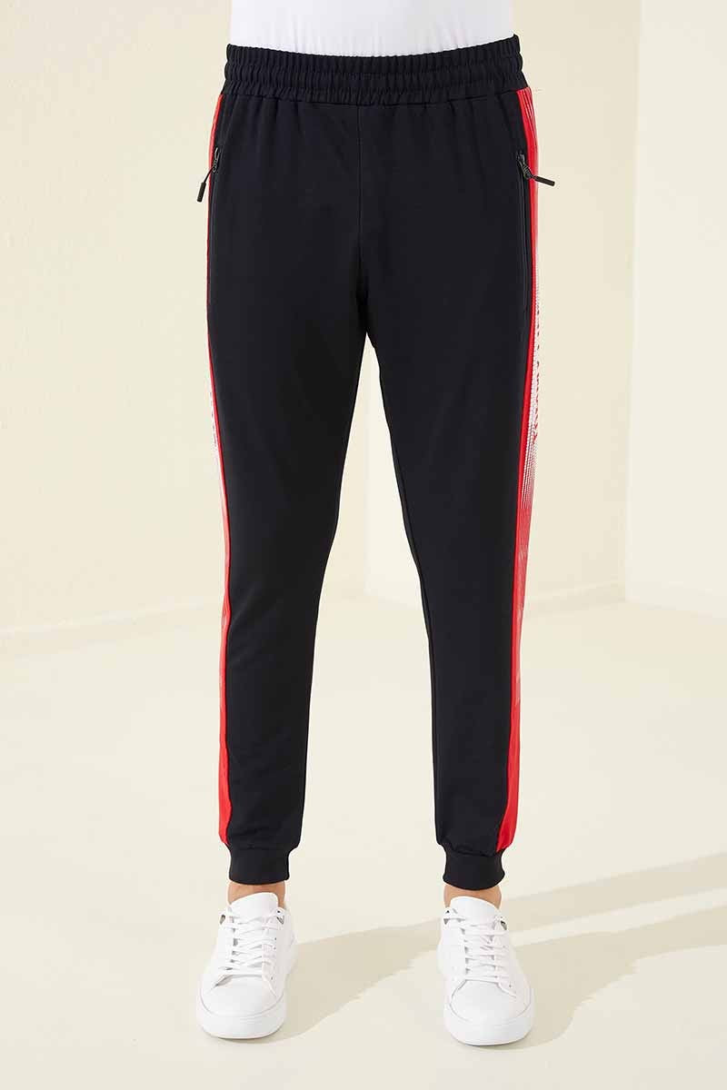 Navy - Red Zippered Pocket Printed Standard Fit Jogger Men's Tracksuit Bottom - 84657