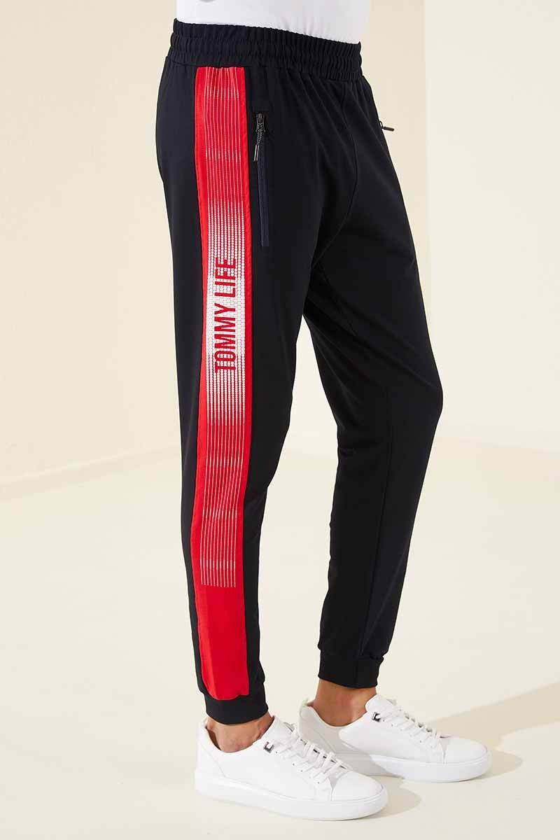 Navy - Red Zippered Pocket Printed Standard Fit Jogger Men's Tracksuit Bottom - 84657