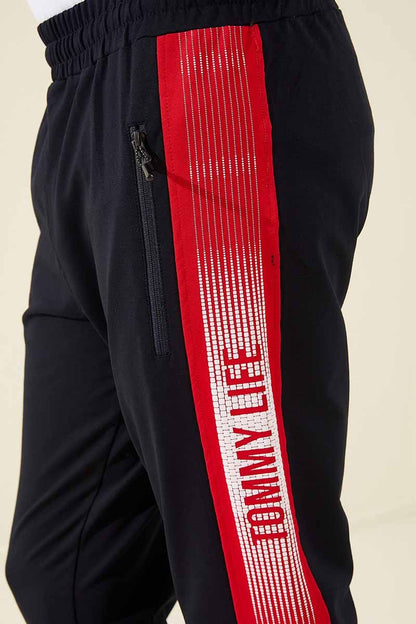 Navy - Red Zippered Pocket Printed Standard Fit Jogger Men's Tracksuit Bottom - 84657