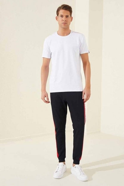 Navy - Red Zippered Pocket Printed Standard Fit Jogger Men's Tracksuit Bottom - 84657