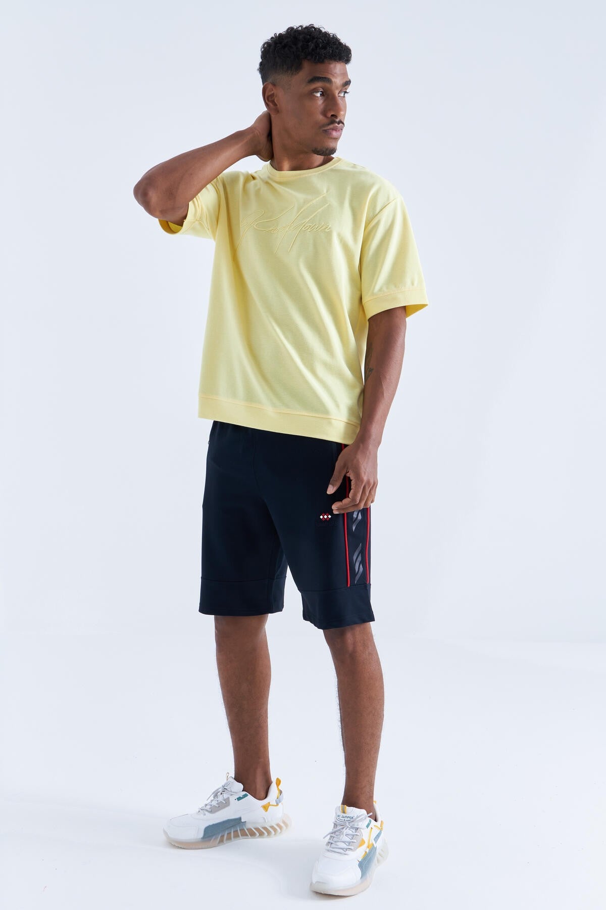 Navy - Red Side Striped Standard Fit Men's Shorts - 81148
