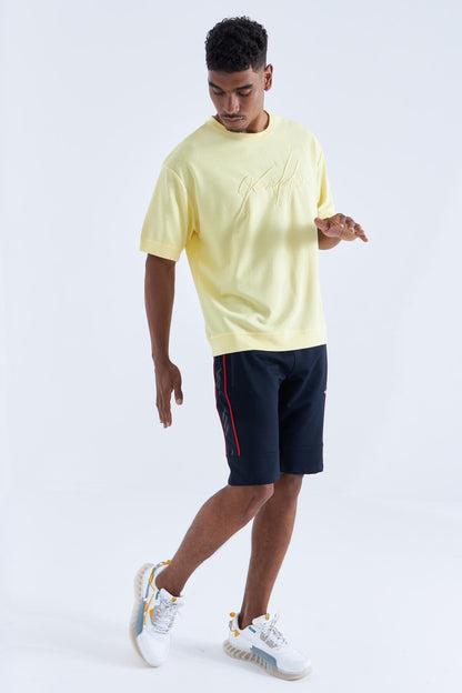 Navy - Red Side Striped Standard Fit Men's Shorts - 81148