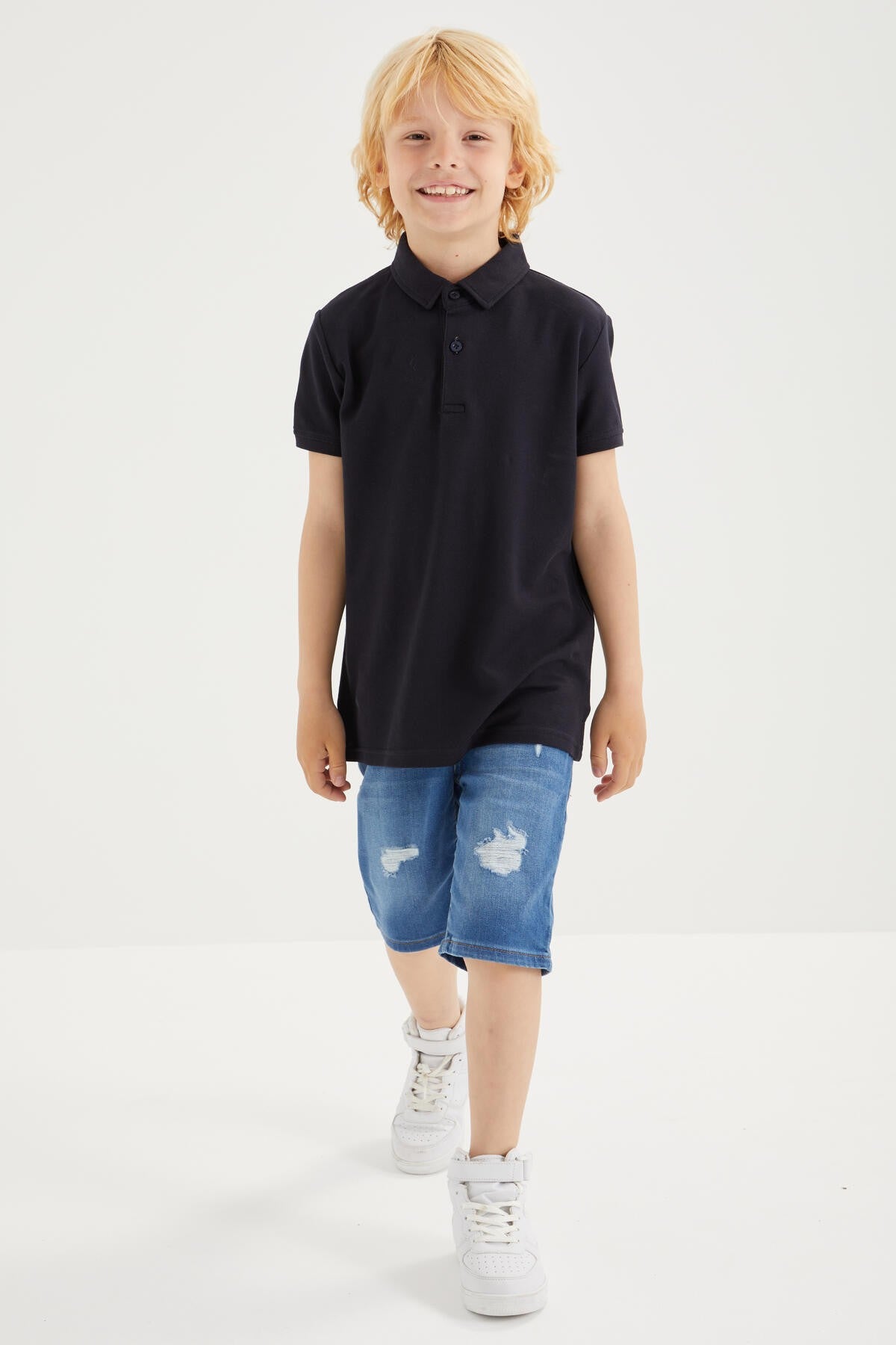Navy Blue Classic Short Sleeve Polo Collar Boys T-Shirt - 10962