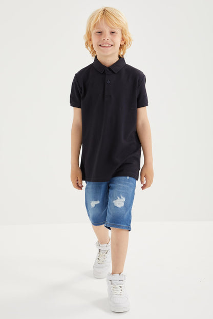 Navy Blue Classic Short Sleeve Polo Collar Boys T-Shirt - 10962