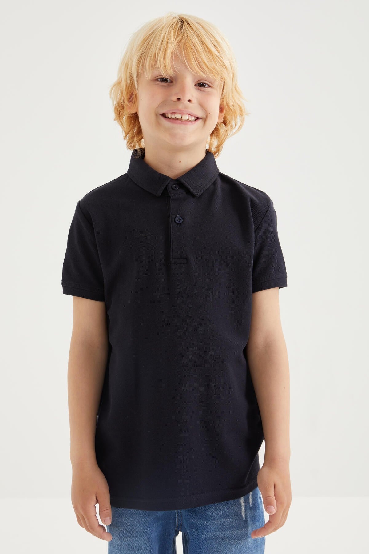 Navy Blue Classic Short Sleeve Polo Collar Boys T-Shirt - 10962