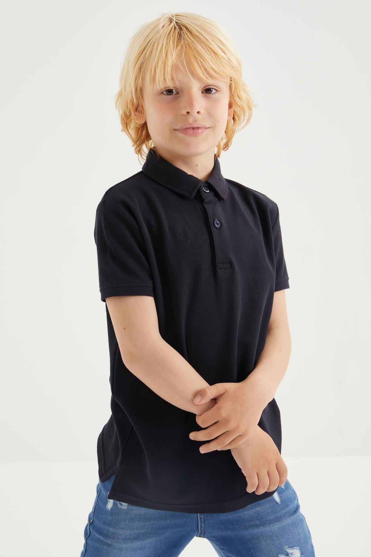 Navy Blue Classic Short Sleeve Polo Collar Boys T-Shirt - 10962